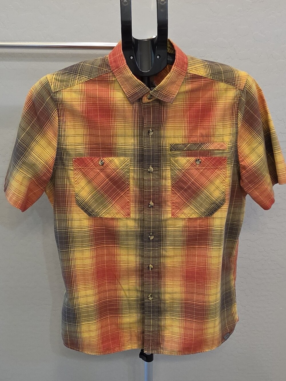 L.L. Bean Short-Sleeve Plaid Button-Down in Yellow, Orange & Brown